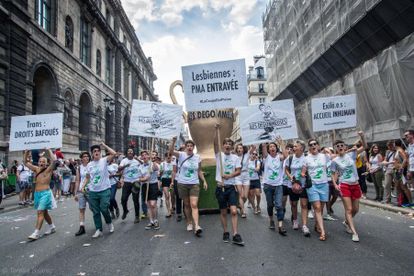 L'équipe des Dégommeuses lors de la Marche des Fiertés de 2019 à Paris, brandissant des pancartes politiques en faveur de la PMA ou des droits des personnes transgenres.